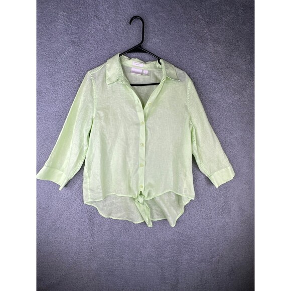 Chico’s linen no iron twist tie button down lime green sz 1 - Picture 1 of 6